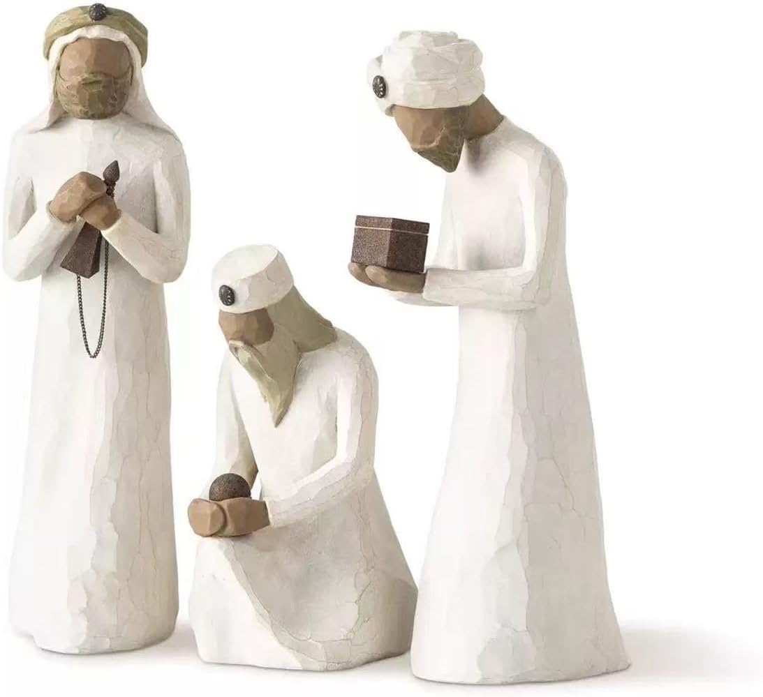 The Three Wisemen, Set of Walking, Bowing, Kneeling Figures Carrying Gifts for Holy Family, Classic Nativity Sculpture