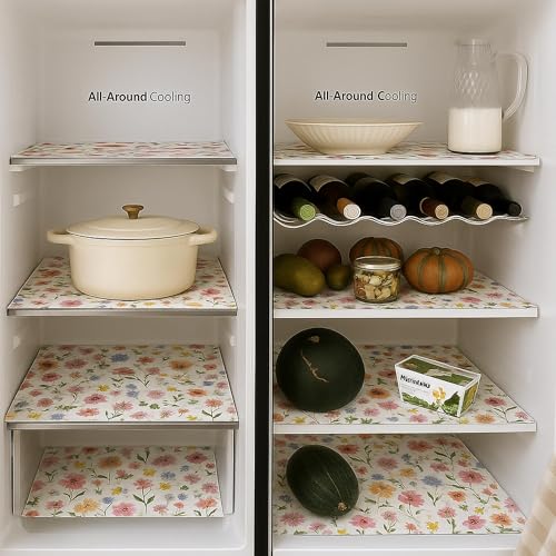 Image of Side-by-Side Door Fridge Shelf Liners Set: Mats for Refrigerator and Freezer Sections -Machine Washable Liners for Glass Shelves, Drawers, and Trays Refrigerator Accessories, Pack of 22(Spring Floral)