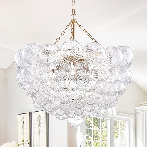 Longree Nordic Bubble Ball Swirled Glass Chandelier, Diam 31' Gild Gold and Clear Modern Hand...