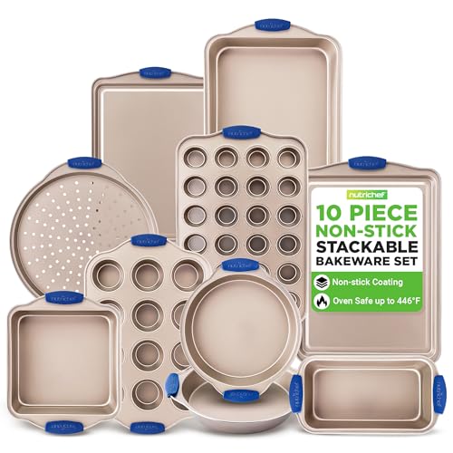 NutriChef 10-Piece Nonstick Bakeware Set - Premium Carbon Steel Baking Pan Set w/Heatsafe Silicone Handles, Includes Pizza Crisper, Loaf Pan, 12 & 24 Cup Muffin Pans, Cake Pans, Cookie Sheets