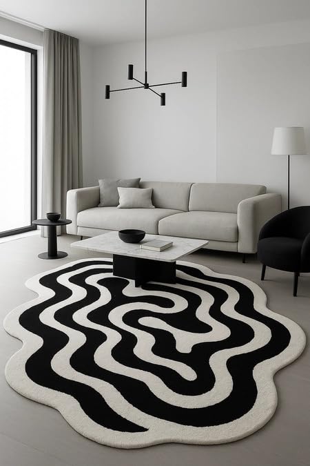 Image of Hand Tufted Wool Rug 6x8 Ft - Modern Irregular Shape Aesthetic Carpet, 1 Inch Thick Pile, Anti-Skid Backing, Soft Handmade Woolen Area Rug for Living Room, Bedroom, Hall Decor