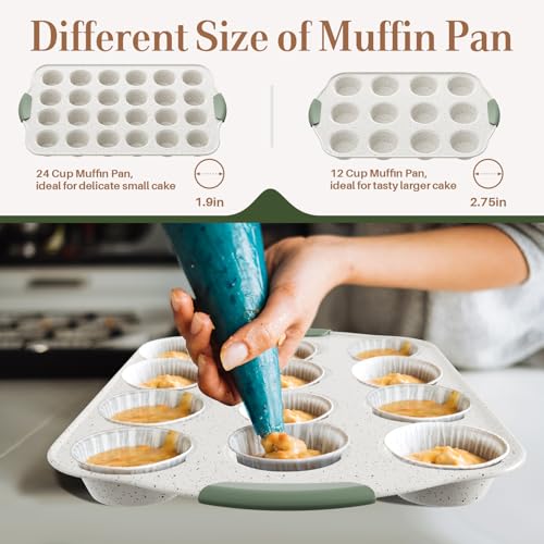 Slow Slog 11-Piece Non-Toxic Baking Set, Stackable Nonstick Cookware with Heat-Resistant Handles - Includes Cookie Tray, Round Cake Pan, Muffin Cups, Pizza Pan & Loaf Baker, White&Light Green - Thumbnail 3