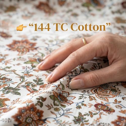 Image of Mafatlal Saanjh 144 TC Single Cotton Bedding 90x60 Inch | Bed Sheet Single Size | Floral Pattern Textile | Ethnic Look | Comfortable Summer Ready Material | Pillowcase Included | Brownish
