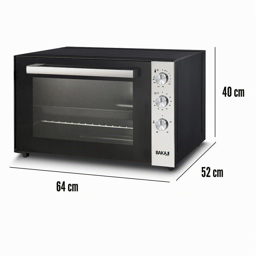 Bakaji Horno eléctrico ventilado, capacidad 70 litros, potencia 2500 W, temperatura regulable hasta 250°, 2 ventilaciones con elementos calefactores, acero, luz interior, función temporizador, asador
