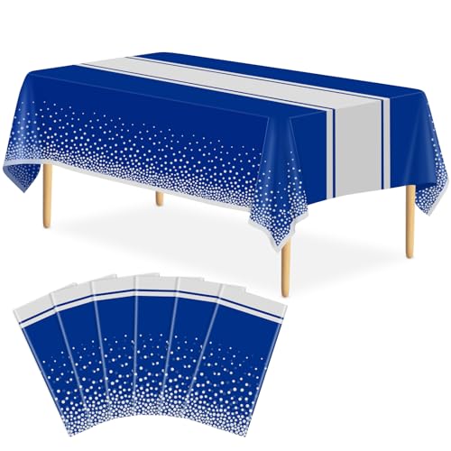 Image of 6 Pack Blue and Silver Tablecloth Party Decorations Plastic Blue Tablecloth Printed Silver Table Runner 54 x108 Inch Disposable Rectangle Table Cover for Birthday Wedding Graduation