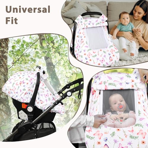 Image of Pea Pod Car Seat Cover Baby, Infant Car Seat Canopy Covers with 2 Layers Windows of Breathable Mesh Fabric, Lightweight Polyester, Soft Minky Dot Backing (Butterfly Pattern)