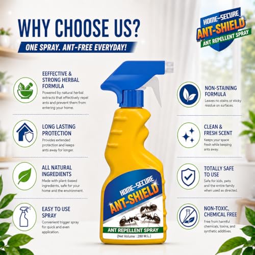 Image of Home-Secure ANT-SHIELD Ant Repellent Spray for Home | Strong Herbal Formula for Ant Control | Natural Ant Deterrent Spray for Kitchen, Bedroom, Balcony & Garden | Safe Around Family & Pets | 280ml