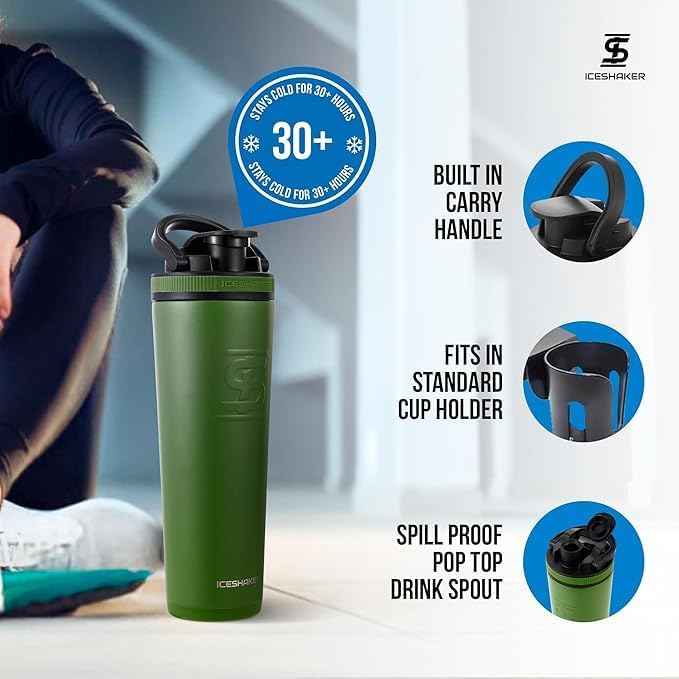 Ice Shaker Insulated Stainless Steel Shaker Bottle | 32oz, Green | Cold for 30+ Hours | Insulated Cup with Twist-on Agitator | Odor-Free Bottle for Protein Shakes, Water, Smoothies, Cocktails - Image 3