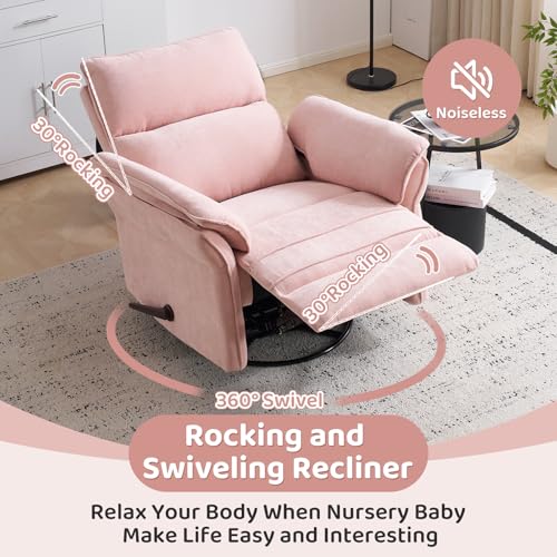 Image of Swivel Rocker Recliner with Adjustable Headrest,Upholstered Glider Rocker Recliner with Overstuffed Armrest,Manual Recliner Nursery Chair for Living Room,Pink