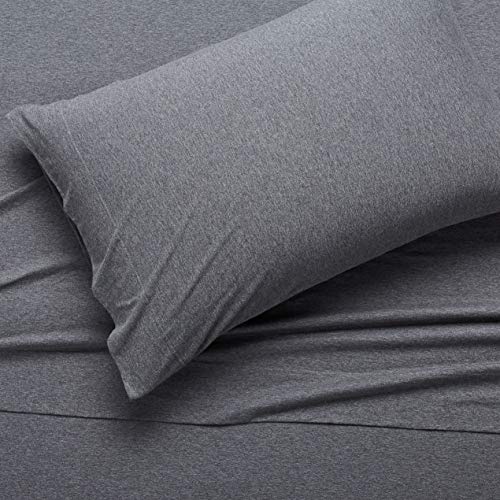 Image of Amazon Basics Breathable, Stretchy 3 Piece Bed Sheet Set, 100% Cotton Jersey Knit, Includes Flat and Fitted Sheets, Pillowcase, Machine Washable, Twin, Dark Gray, Solid