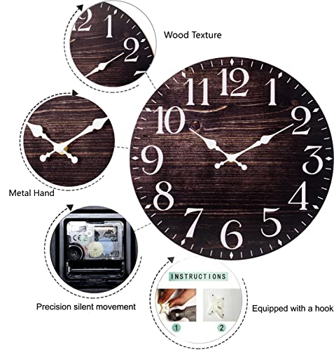 Qwanpet Wood Vintage Wall Clock,Quality Quartz Wall Clocks,Silent Non-Ticking Wooden Wall Clock Battery Operated, 12" Retro Rustic Style Decor Wall Clock For Living Room,Kitchen,Home,Bathroom,Bedroom #TOP1