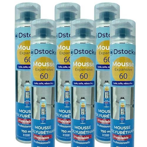 DSTOCK60 - Lot de 6 mousses expansives pistolables 750 ml - Mousse polyuréthane professionnelle - Isole, colle et rebouche - Mousse pistolable - Extérieur et intérieur