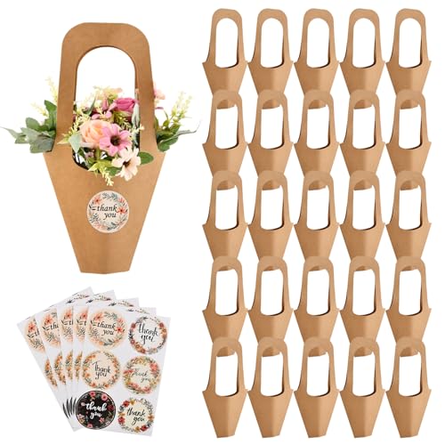 Arivlune 25 Pack Krafts Paper Flower Bouquet Bags with Handle Brown Paper Flower Wrapping Bags for Birthday/Valentines Day/Wedding/Party Favors/Arrangement