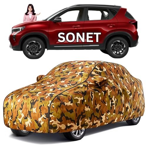 Image of Car Cover for Kia Sonet All Model & Years (2020-2024) 100% Waterproof with Mirror Pockets, Triple Stitched Bottom Elastic Dustproof Full Body Protection Heat & UV Resistant, Jungle