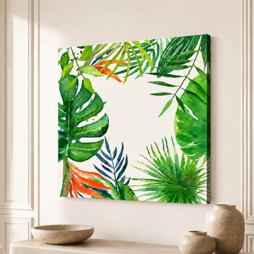 Image of PAINTINGMANTRA Tropical Green Leaves Stretched Canvas Wall Art Painting for wall decoration | Botanical Leaf Nature Inspired Painting for Living Room, Bedroom and Office, 22x22 Inch