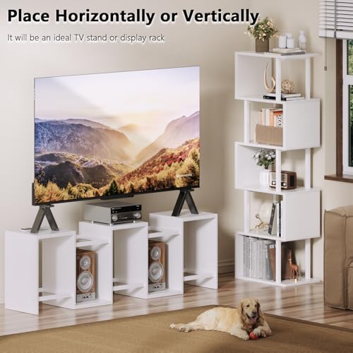 Image of Furologee White Geometric Bookshelf 6 Tier S-Shaped Bookcase, Tall Modern Display Storage Shelf, Metal and Wood Decorative Freestanding Room Divider Shelves for Bedroom, Living Room, Office