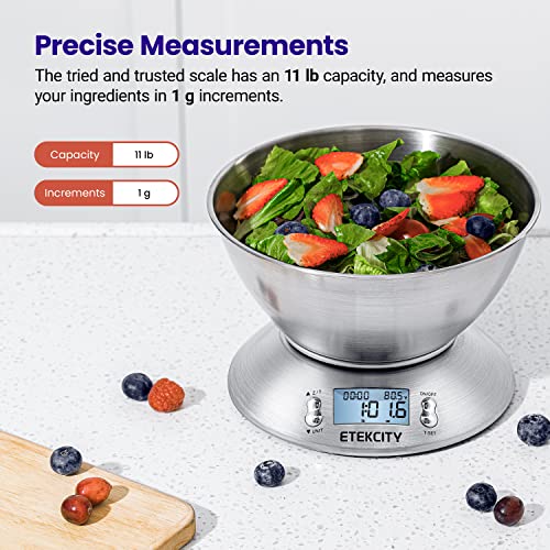 Etekcity Food Kitchen Scale With Bowl, Digital Weight Scale For Food Ounces And Grams, Cooking And Baking, Timer, And Temperature Sensor, 2.06 Qt, Stainless Steel #TOP1
