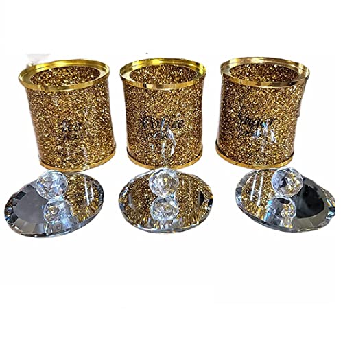 Black Friday - 80% OFF 1ONE Made for You 3PC Set of Tea Coffee Sugar Glass Canisters with Crystal Crushed Diamond for Kitchen/Home Decor (GOLD) (TCS-GOLD-1ONE)