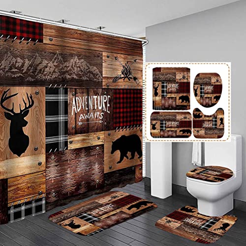 CamilleAndrew-4PCS-Cabin-Shower-Curtain-Set-Bear-Deer-Elk-Moose-Woodland-Animal-Hunting-Lodge-Patchwork-Red-Black-Buffalo-Plaid-Christmas-Country-Rustic-Farmhouse-Bathroom-Decor-Non-Slip-Bath-Mat CamilleAndrew 4PCS Cabin Shower Curtain Set Bear Deer Elk Moose Woodland Animal Hunting Lodge Patchwork Red Black Buffalo Plaid Christmas Country Rustic Farmhouse Bathroom Decor Non Slip Bath Mat