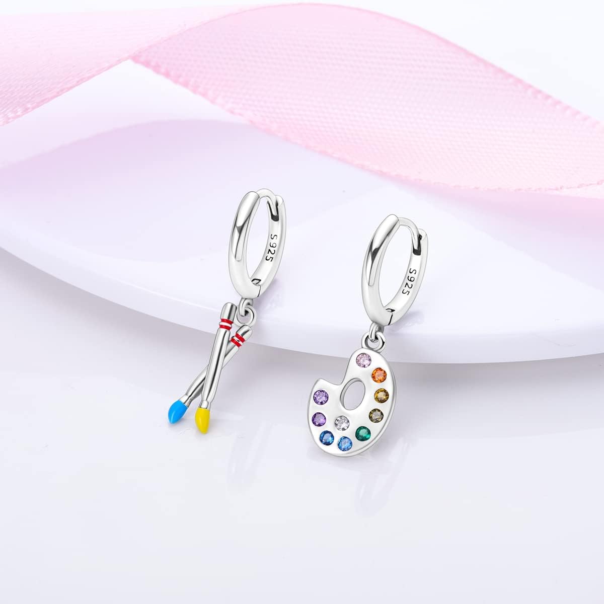 Hapour Asymmetric Earrings Artist Palette Dangle Earrings 925 Sterling Silver, Mismatch Huggie Colorful Hoop Earrings with Charms Personalized Drop Earrings for Women Teen - Image 4