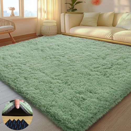 Green Rugs for Living Room, 5x7 Feet Large Fluffy Area Rugs for Bedroom, Soft Carpet Shag Kids Rug with 4 Non-Slip Rug Pads (5ft x 7ft, Green)