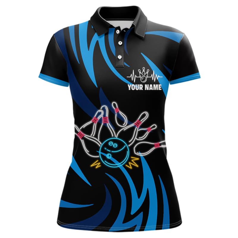 PIONAMZIOZ Custom Neon Blue Bowling Shirt for Men Women Black & Blue Bowling Team League Polo & Quarter Zip (US, Alpha, Small, 5X-Large, Regular, Regular, Women Polo)