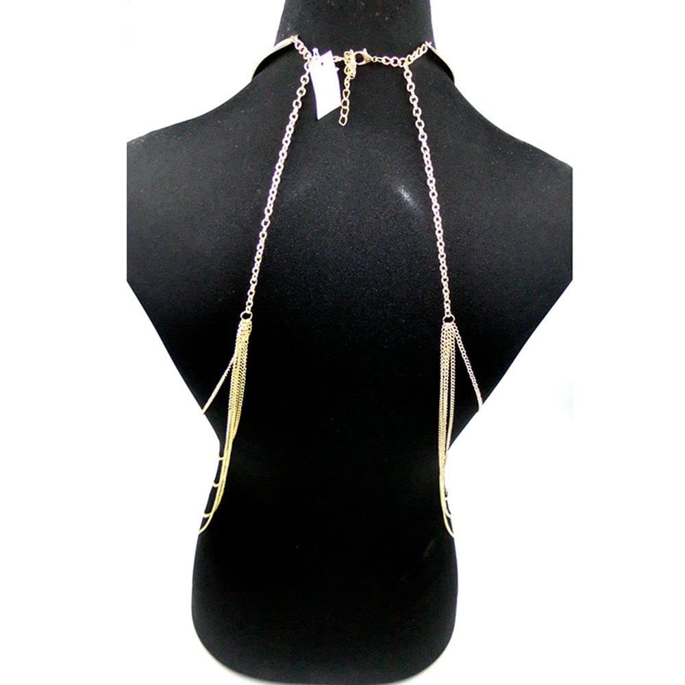 Damen-Bodysuit Körperkette Kettenschmuck Gold Sexy Körperkette Körper Kette Kettenschmuck Strass Partykette mehrschichtig Lange Brustkette Körper Bauch Schmuck BH Kette(Gold)
