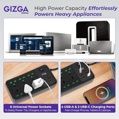 Image of Gizga Essentials 2500W /10A Extension Board | Universal 6 Sockets with 2 Type C & 4 USB A for Office & Home Appliances | Surge Protector Power Strip with 2M Cord, Child Safety Shutter, Spike Guard