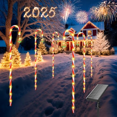 Qoosea Bastón de Caramelo de Navidad, 6 Piezas 1.2M Altura Luces Exterior Solares, LED Marcadores de Camino de Patio Decoración para Jardín Fiesta