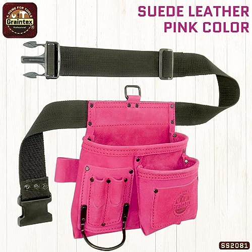 Graintex SS2081 5 Pocket Nail & Tool Pouch Pink Color Suede Leather With 2 Inch Webbing Belt thumb #3