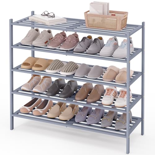Image of Smiry Bamboo Shoe Rack, 5 Horizontal Slats, 5 Tier - 33.9 inch Wide, Grey