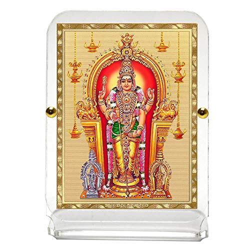 Image of Eknoor Gold Plated Murugan Kartikeya Ji Acrylic Recta 1 Car Dashboard Frame | Gold-plated Murugan Ji temple darshan foil on acrylic Recta 1 frame with gold border - car, desk and puja ghar