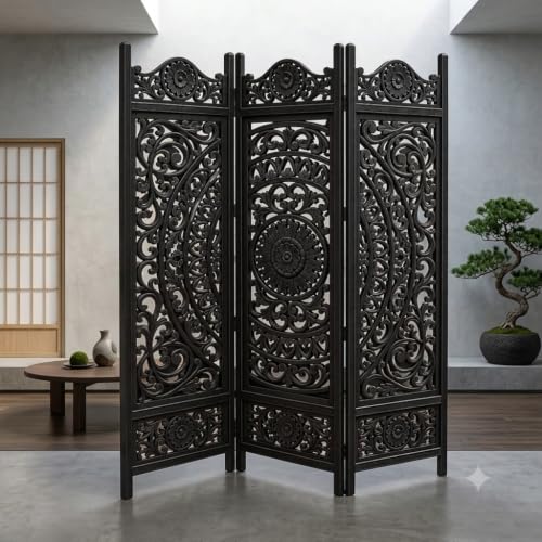Image of Wooden Room Partition, 6 Feet 3 Panel Round Design Black