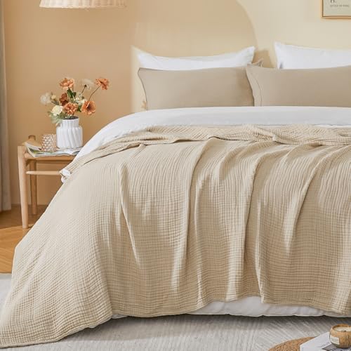 EMME Cotton Muslin Throw Blanket Couch Breathable Gauze Soft Lightweight Bed Blankets Adults (Beige, 50"x60")