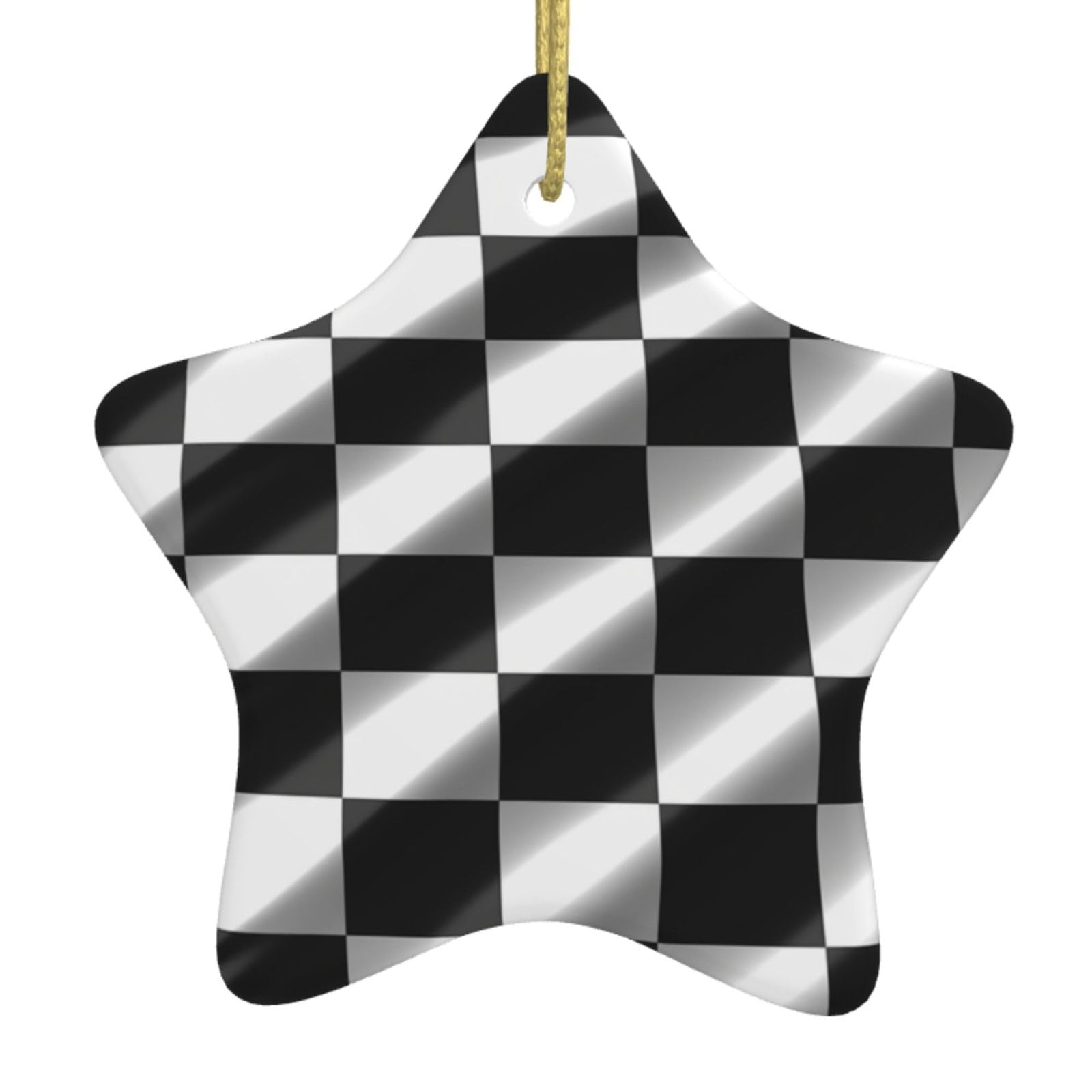 Ceramic Christmas Tree Hanging Ornaments with Gold Ropes Christmas Tree Decorations Star Ceramic Black White Race Checkered Flag Pendant Keepsake Decorations for Holiday Xmas Gift Ideas