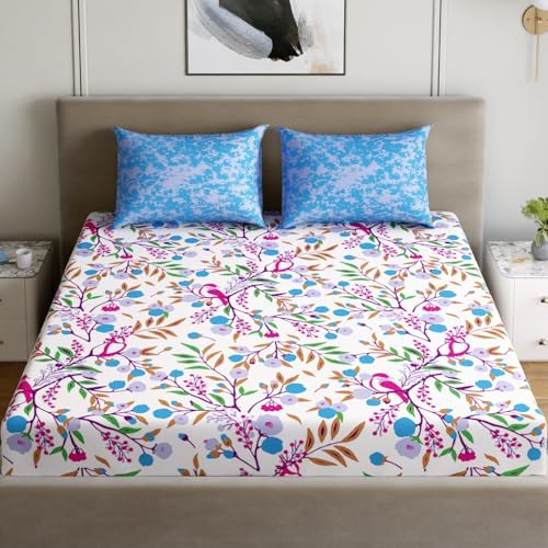 Image of Dreamscape 100% Cotton Fitted Bedsheet for King Bed, 186 TC, 1 Fitted Bed Sheet (Size 72 x 78 inches) with 2 Pillow Covers - Blue