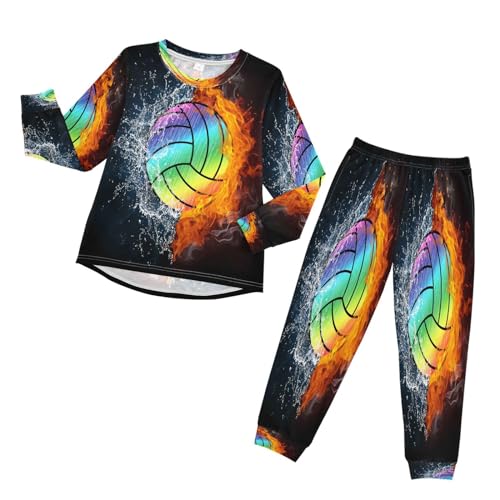 HMZXZ Kinder Schlafanzug-Set Bunt Volleyball Wasser Feuer Pyjama Set,Langarm Spitze Hose Loungewear Sleepwear Nachtwäsche Volleyball Sport for Jungen Mädchen