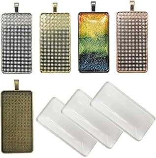 DUGYIRS 15 Pieces Rectangle Pendant Trays with 15 Pieces Transparent Glass Tiles Cabochon for Jewelry Making Photo Jewlery (51mm x 25mm)