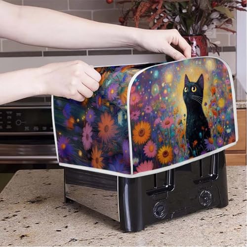 Image of Talayituse Black Cat Daisy Print 4 Slice Toaster Dust Covers Kitchen Small Appliance Cover, Thanksgiving Stain Resistant Dust Protection Bread Machine Cover with Top Handle, M