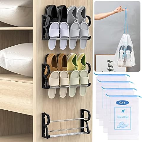 LINYAPRY 3 Sets Wall Mounted Shoes Rack, Over the Door Hanging Shoe Rack Oraginzer with 6Pcaks Shoes Bags, Stainless Steel and Plastic Storage Shoes Holder for Kids Household Closet Entryway Kitchen Cover