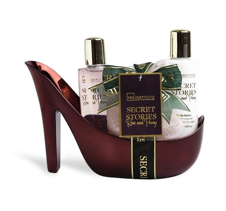 IDC Institute Secret Stories - Set de regalo (3 unidades, gel de ducha, crema corporal y esponja exfoliante en elegante embalaje en forma de escote, aroma rosa y peonía)
