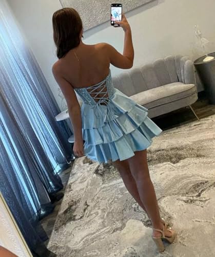 Short Strapless Satin Homecoming Dresses for Teens 2025 Corset Tiered Ruffle Beaded Cocktail Dress2