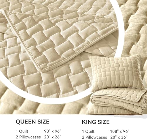 Image of Grassix Velvet Quilt Set Queen Size, Luxury Geometric Design, Beige | Lightweight Velvet Comforter with 2 Pillow Shams, Ultra Soft Bedspread Coverlet, Quilted Bedding Set for All Seasons, 90 inchx96 inch