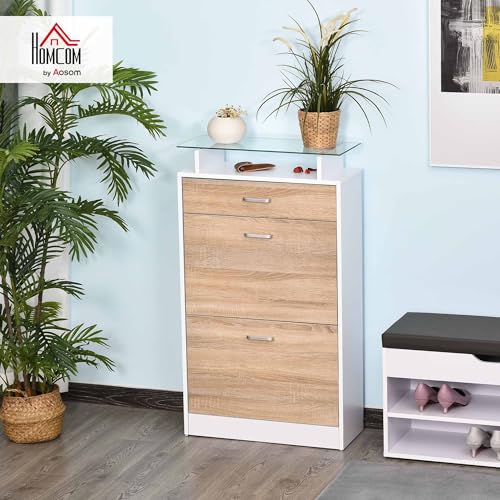Miniatura 2 de Homcom Mueble Zapatero Armario Zapatero Con 3 Cajones Estante De Vidrio Y Asa De Aluminio Para Pasillo Entrada Carga 50 Kg 60x24x105,5 Cm Natural