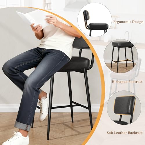 Image of GarveeHome Black Bar Stools Set of 2, 26 inch Counter Height Bar Stools with Back, Faux Leather Upholstered Barstool Chairs with Metal Legs for Kitchen Island, Counter Bar