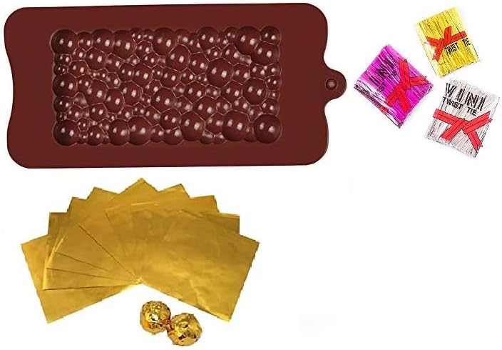 Silicone Bubble Bar Chocolate Mold, Multicolor Twisties, Golden Cut Foil Wrapper for Candy Making