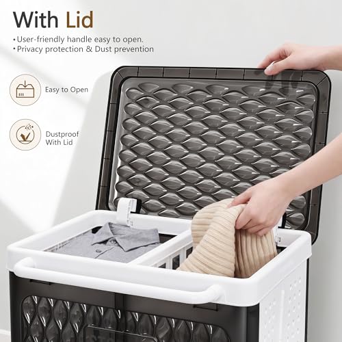 VECELO Rolling Laundry Hamper with Wheels and Lid, Foldable Plastic Laundry Basket with Handle, Rolling Divided Laundry Cart for Small Spaces, Laundry, Bathroom, Bedroom, Black by VECELO - Used condition - Image 4