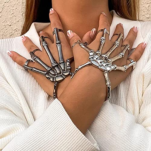 Taichell Skeleton Hand Bracelet Halloween Jewelry Decoration Skull Skeleton Hands With Snake Full Finger Rings For Women Men Punk Goth Bracelets Rings Jewelry Halloween Cosplay (Silver Style Set) #TOP2