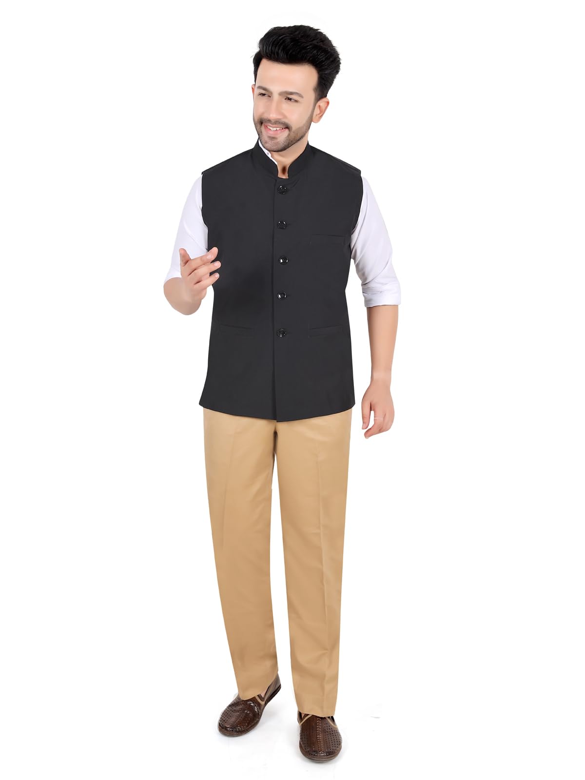 Men's Nehru Jacket, Black, Sleeveless, Mandarin Collar, Button Closure, Ethnic Wear-image-2
