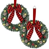 Zcaukya 2 Packs Pre-lit Christmas Wreaths, 14 Inch Buffalo Check Bowknot Wreath with 8 Lighting Modes String Lights, Artificial Front Door Wreath for Xmas Hanging Decor, with Timer